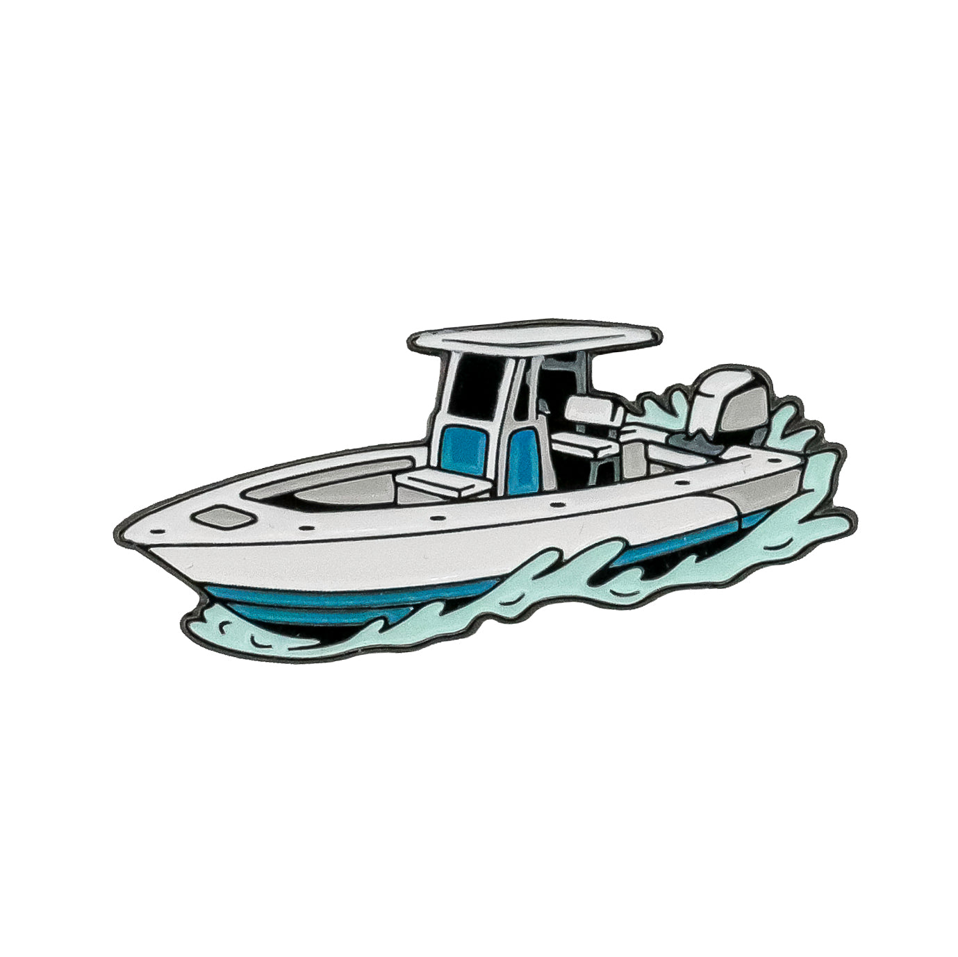 Illustration of Ballmarkers.com's Center Console Boat Ball Marker featuring a white and blue motorboat with a roofed center console and outboard motor, cutting through water and creating waves.