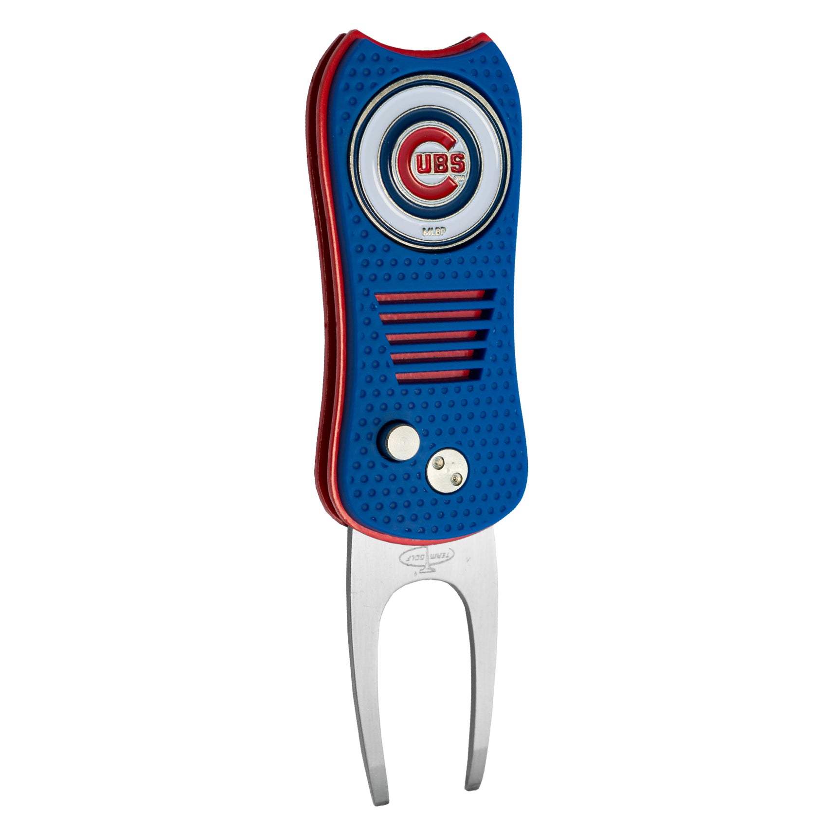 The MLB Switchfix Divot Tool with Ball Marker by MLB features the Chicago Cubs logo, blue and red design, textured grip, switchblade divot tool action, and two metal prongs.
