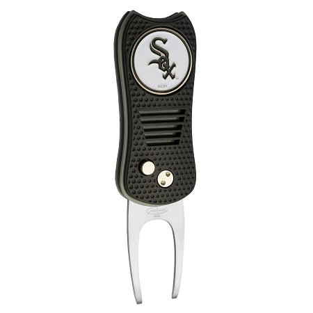 The MLB Switchfix Divot Tool with Ball Marker features a black and silver design, textured grip, and round Chicago White Sox logo at the top, plus a convenient magnetic ball marker.