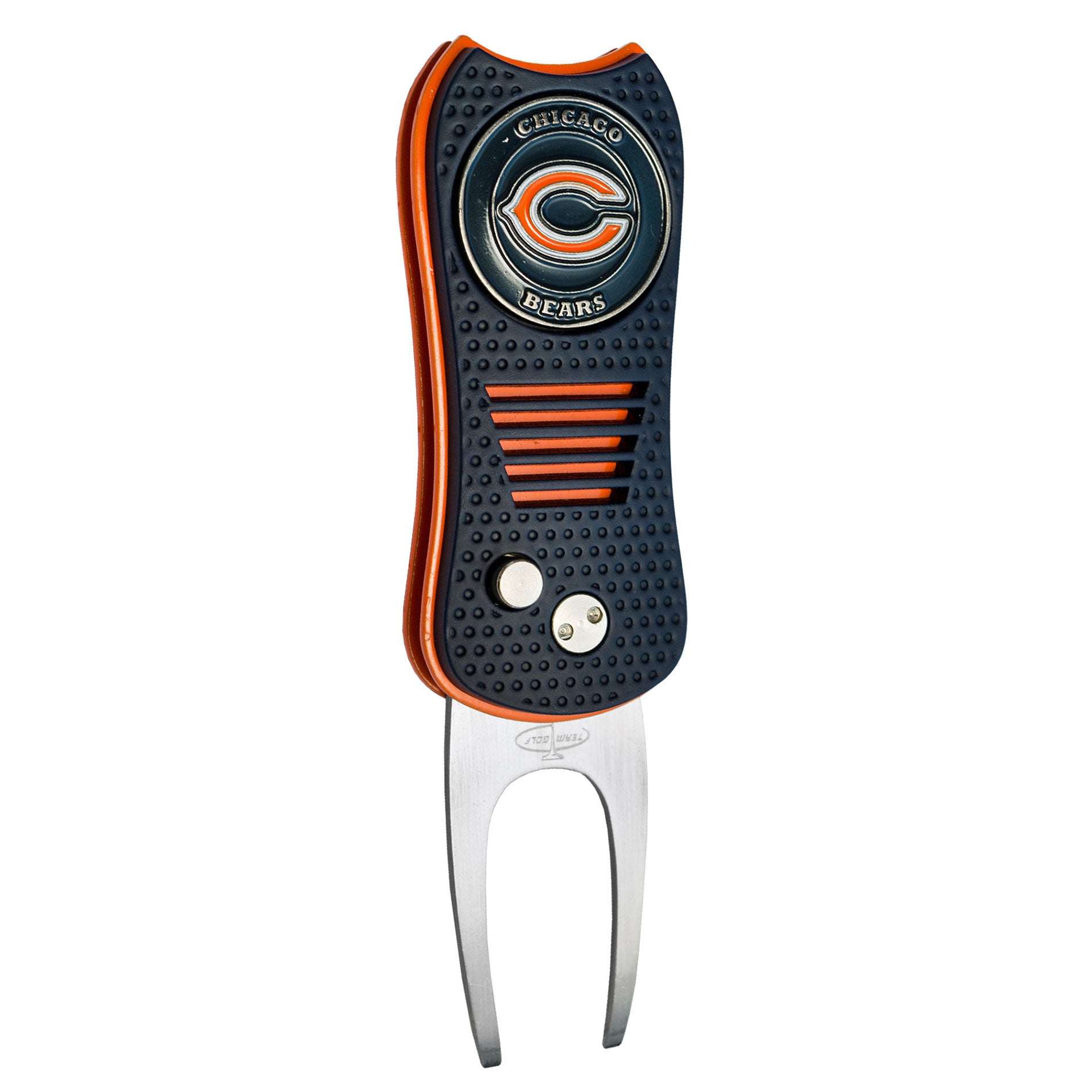The NFL Switchfix Divot Tool with Ball Marker features a textured black and orange grip, the Chicago Bears logo, two silver prongs, and a convenient switchblade mechanism.