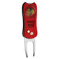 The Ballmarkers.com NHL Switchfix Divot Tool with Ball Marker features a red textured grip, two metal prongs, and a Chicago Blackhawks logo. Includes a magnetic ball marker for convenience on the course.