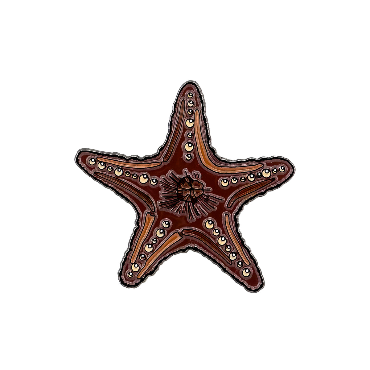 The Chocolate Starfish Ball Marker from Ballmarkers.com features a five-armed brown starfish with light spots, making it a unique coastal golf accessory shown on a white background.