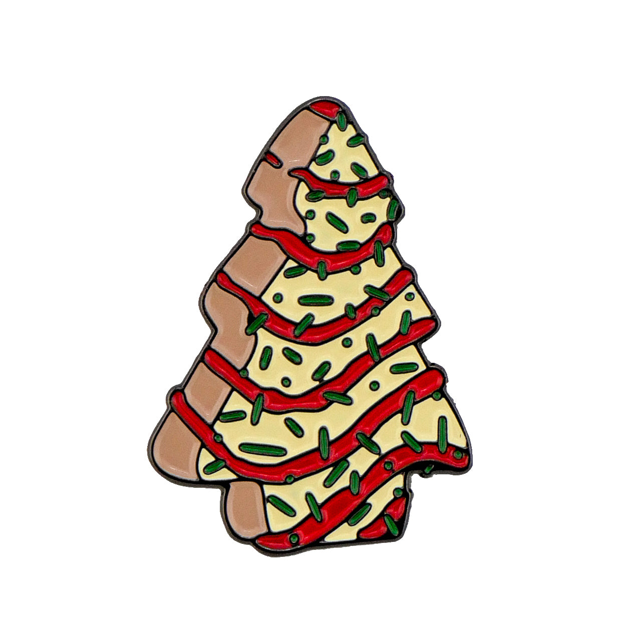The Christmas Tree Cake Ball Marker by Ballmarkers.com is shaped like a festive snack cake, decorated with yellow and red icing details plus green sprinkles—perfect for adding holiday cheer to your golf game.
