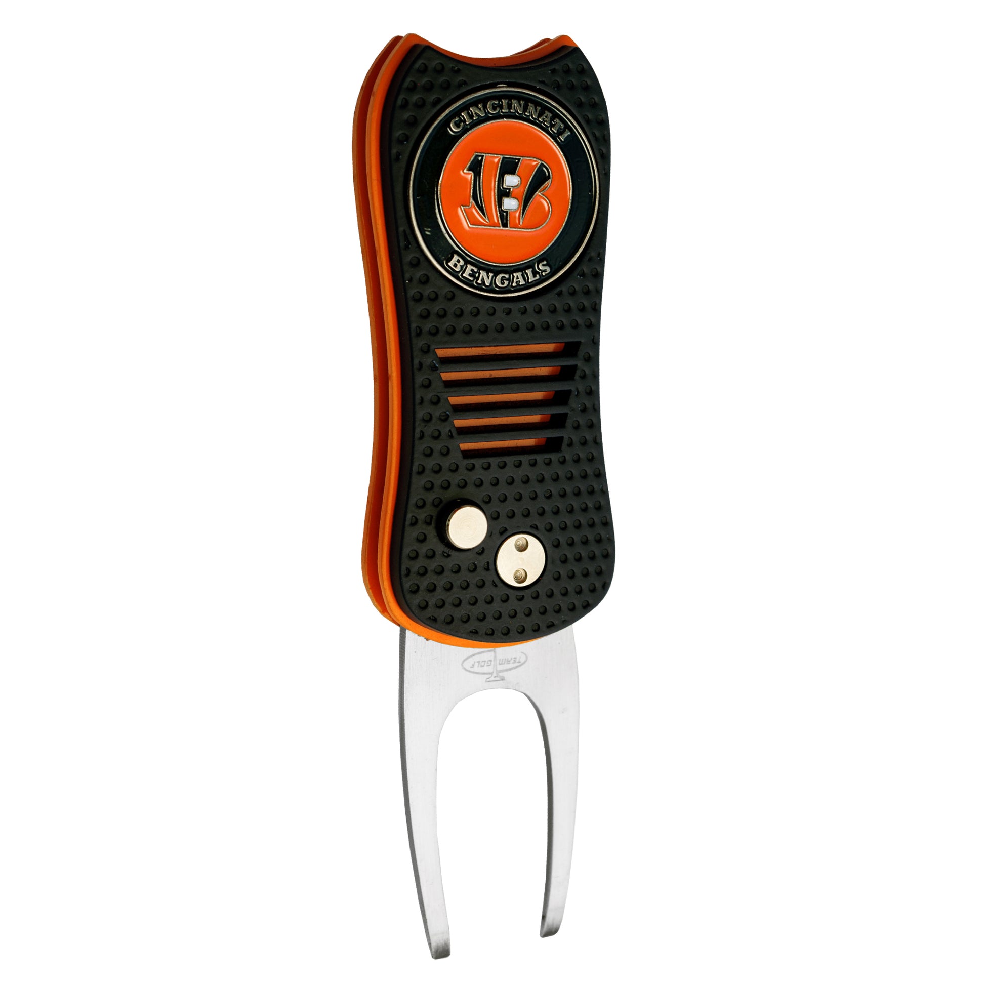 The NFL Switchfix Divot Tool with Ball Marker by NFL features a black and orange handle, Cincinnati Bengals logo, magnetic ball marker, and a metal two-pronged fork with convenient switchblade action.