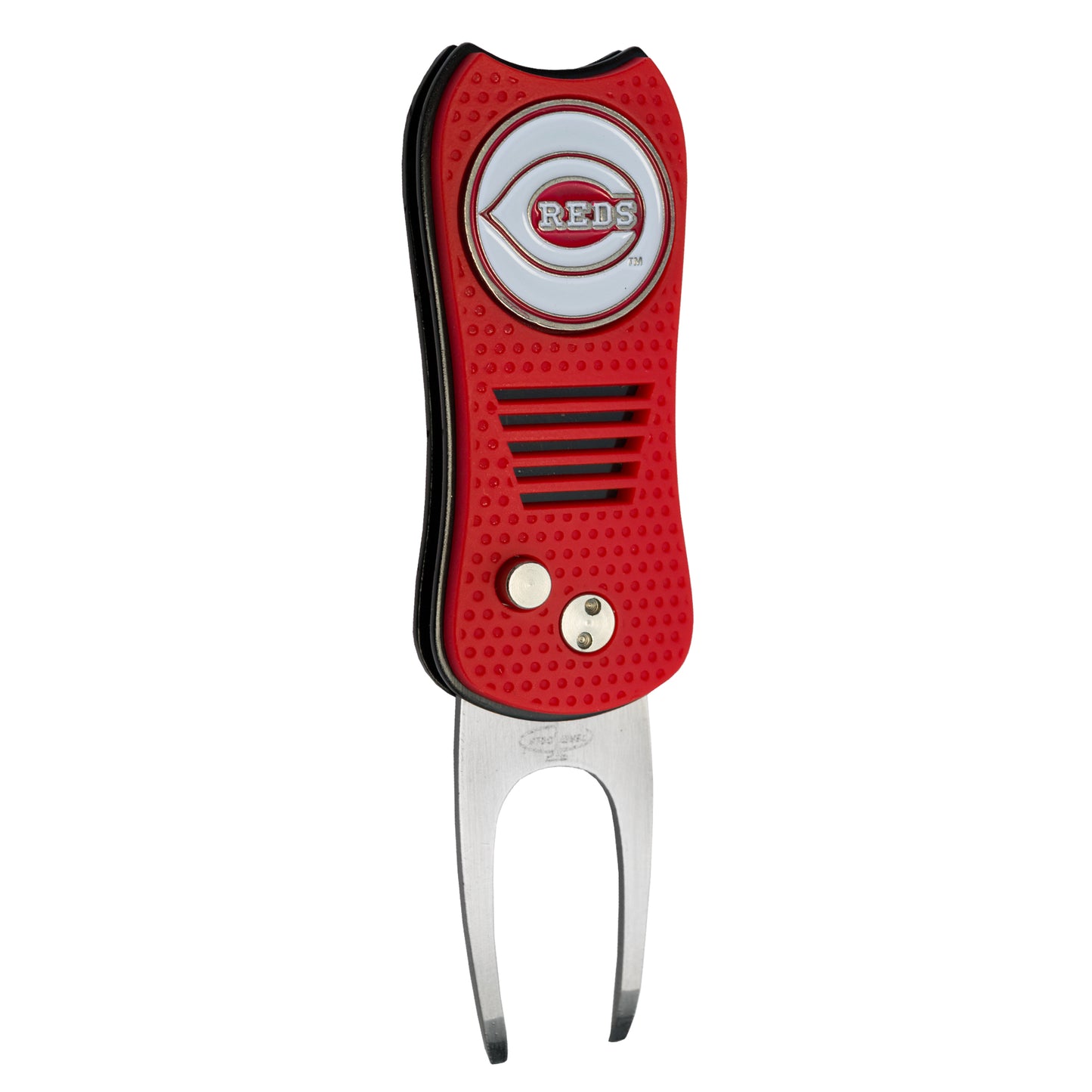 The MLB Switchfix Divot Tool with Ball Marker features a red and black design, a circular Cincinnati Reds logo at the top, magnetic ball marker, and a metal fork for greens repair.