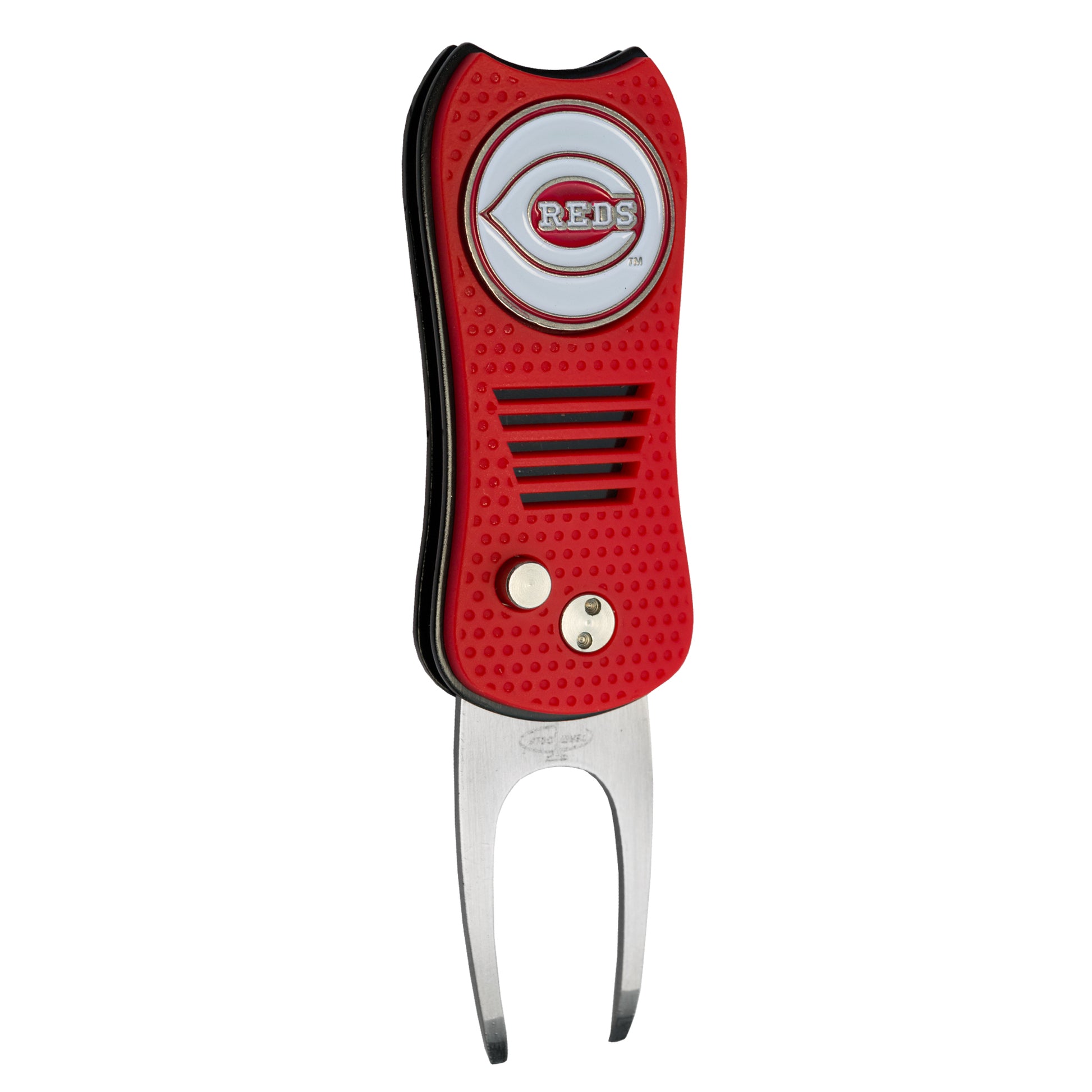 The MLB Switchfix Divot Tool with Ball Marker features a red and black design, a circular Cincinnati Reds logo at the top, magnetic ball marker, and a metal fork for greens repair.