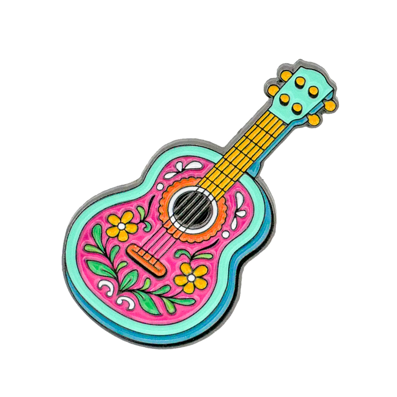 The Cinco De Mayo Guitar Ball Marker by Ballmarkers.com features a colorful, cartoon-style acoustic guitar with bright floral and leaf patterns in yellow, pink, green, and blue—a festive Mexican folk art golf accessory.