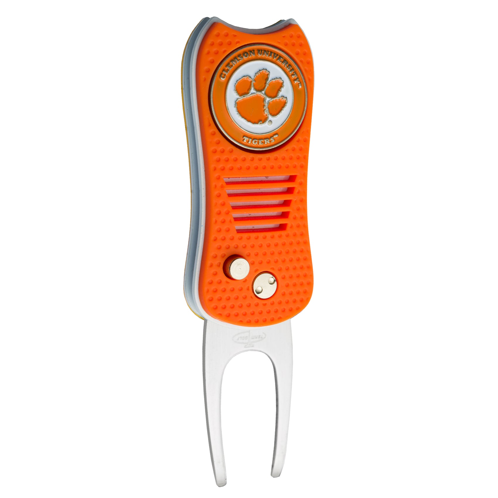 The ACC College Switchfix Divot Tool with Ball Marker by Switchfix features a Clemson Tigers logo and tiger paw print, a textured handle with raised dots, silver metal prongs, and a switchblade mechanism for easy use on the course.