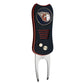 The MLB Switchfix Divot Tool with Ball Marker by MLB features a black and red textured grip, two metal prongs, silver buttons, and a magnetic ball marker. The circular logo displays a stylized G with wings for added flair.