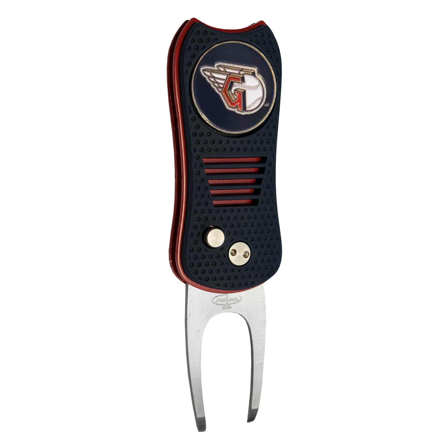 The MLB Switchfix Divot Tool with Ball Marker by MLB features a black and red textured grip, two metal prongs, silver buttons, and a magnetic ball marker. The circular logo displays a stylized G with wings for added flair.