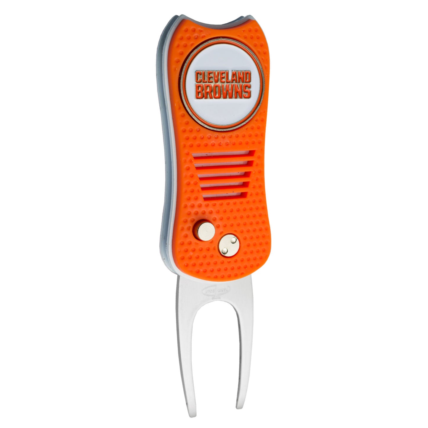 An orange NFL Switchfix Divot Tool with Ball Marker by NFL, featuring a textured grip, metallic switchblade fork, and team logo on top.