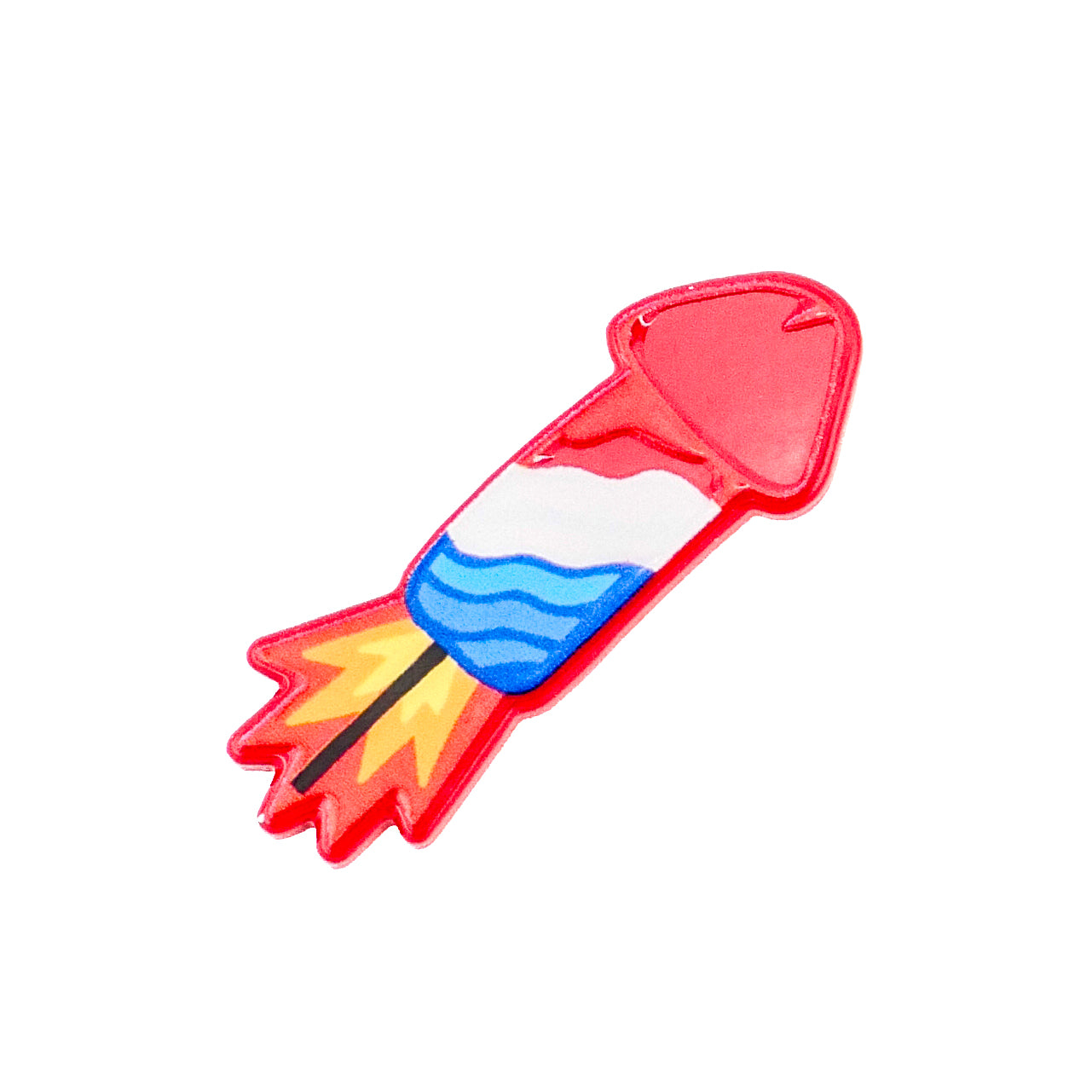 Cock Rocket by Logie Joe's Golf features a vibrant red, white, and blue firework rocket with yellow flames on a white background—ideal for adding humor to your golf game as unique ball markers or other funny accessories.