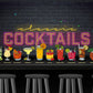 A neon "classic COCKTAILS" sign glows above nine illustrated drinks on a bar—perfect inspiration for the Classic Cocktail Ball Marker Bundle - A by Ballmarkers.com, a must-have cocktail golf accessory.