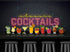 A neon "classic COCKTAILS" sign glows above nine illustrated drinks on a bar—perfect inspiration for the Classic Cocktail Ball Marker Bundle - A by Ballmarkers.com, a must-have cocktail golf accessory.