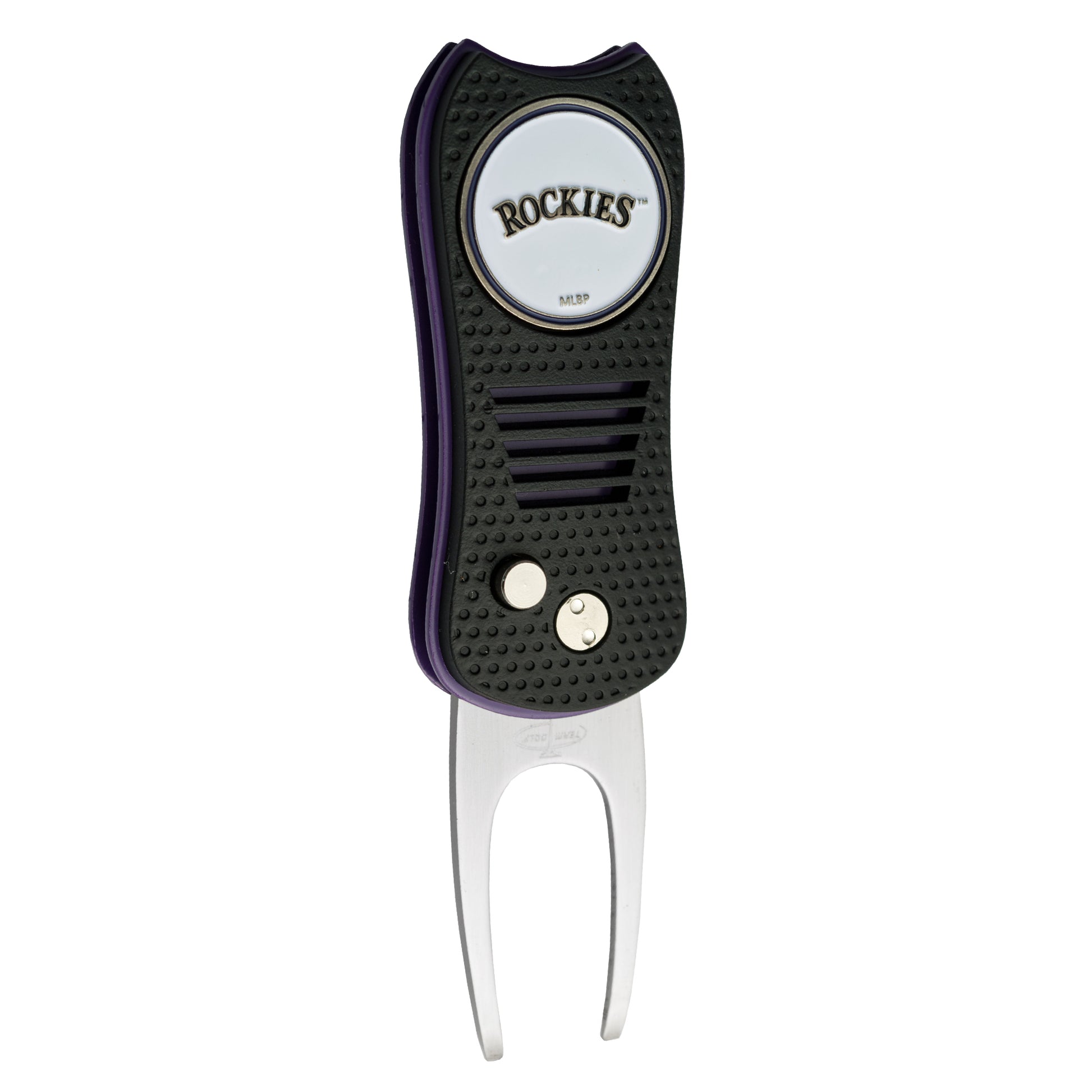 The MLB Switchfix Divot Tool with Ball Marker features a black textured grip, two metal prongs, silver buttons, a magnetic ball marker with the Rockies logo, and is part of the MLB collection.
