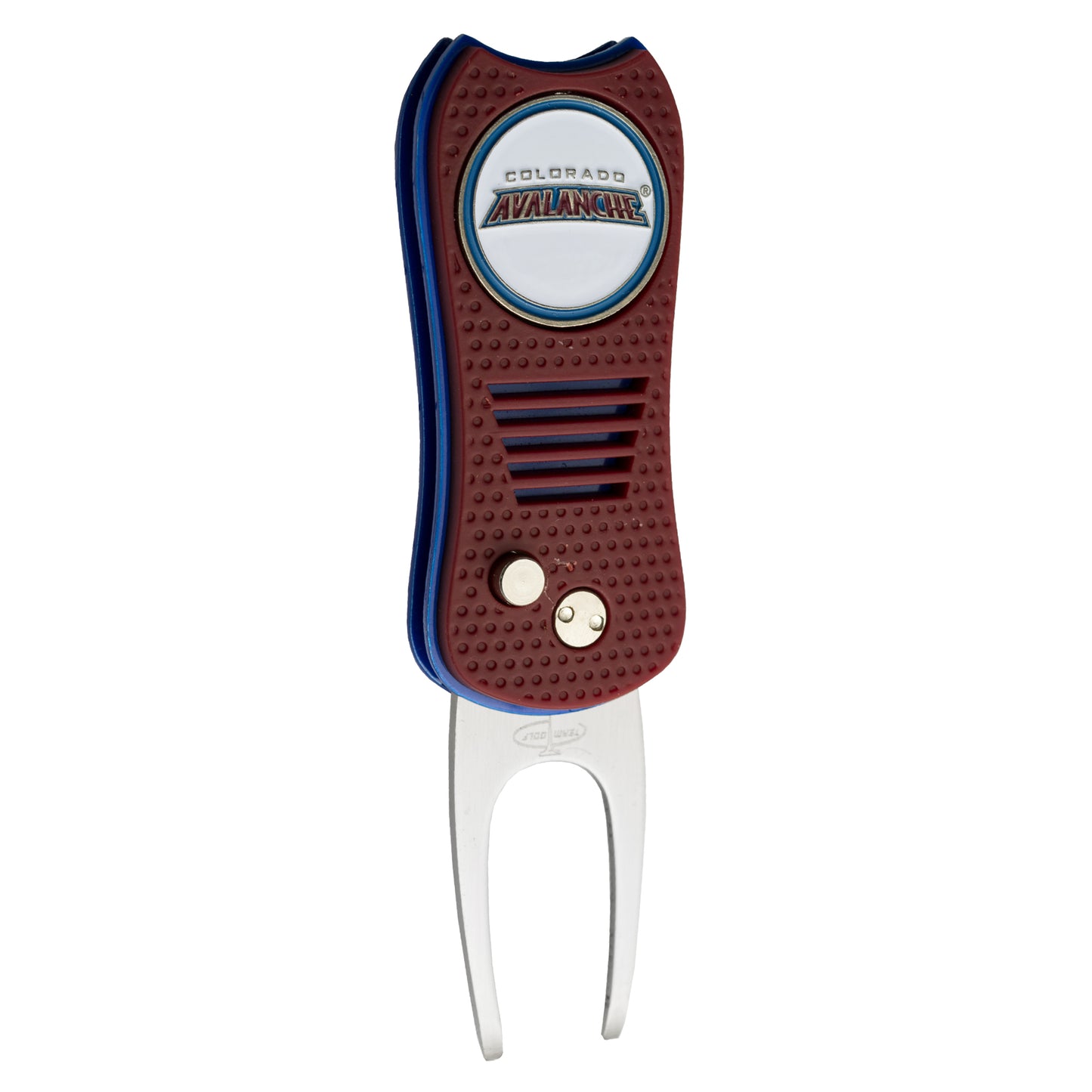 The NHL Switchfix Divot Tool with Ball Marker by Ballmarkers.com features a maroon handle, blue sides, metal forked end, and a magnetic ball marker with a signature switchblade mechanism. Show your Colorado Avalanche pride on the golf course!.