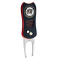 The NHL Switchfix Divot Tool with Ball Marker by Ballmarkers.com features a Columbus Blue Jackets logo, black and red design, textured grip, two silver prongs, and a magnetic ball marker with two gold buttons.