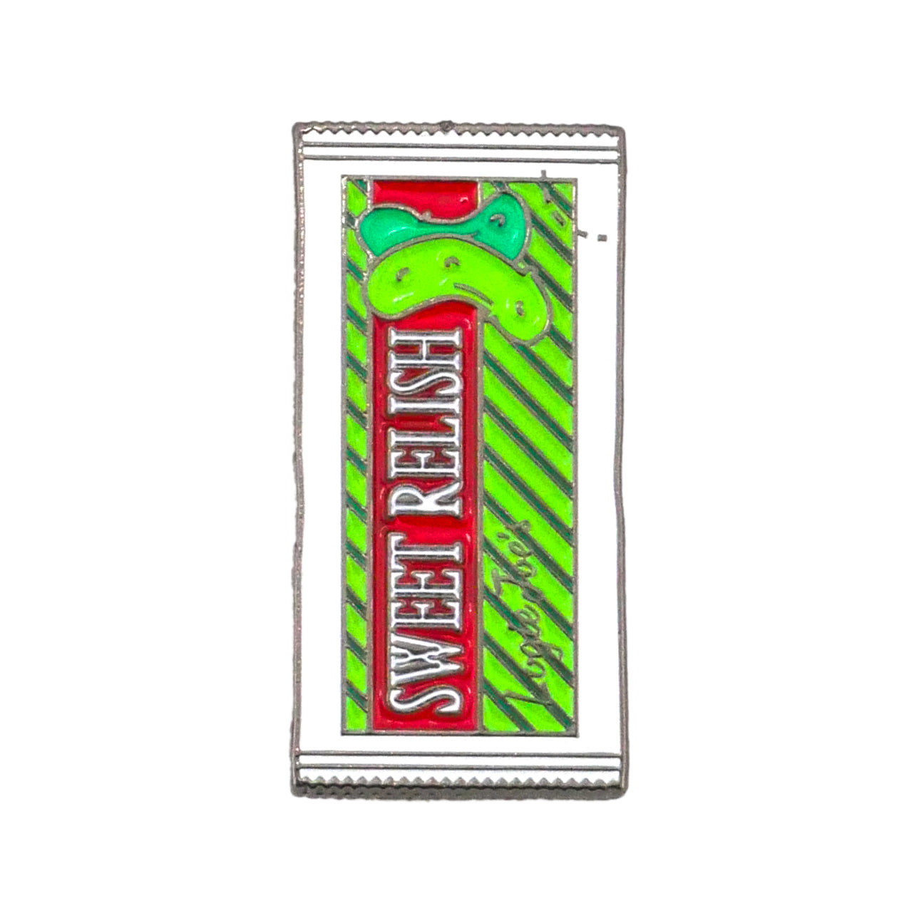 A rectangular Sweet Relish Sauce Packet Ball Marker by Logie Joe's Golf, featuring a red stripe with white SWEET RELISH text, green diagonal stripes, and a relish graphic—ideal for golfers to carry with their divot tools.