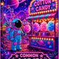 A cartoon astronaut stands at a cotton candy stand in a neon, outer-space-themed carnival with ferris wheel and planets, holding an Astronaut Walker Mystery Blind Bag from Ballmarkers.com. A sign reads, COMMON 1 OF 150—a unique collectible golf ball marker for space and golf enthusiasts alike.