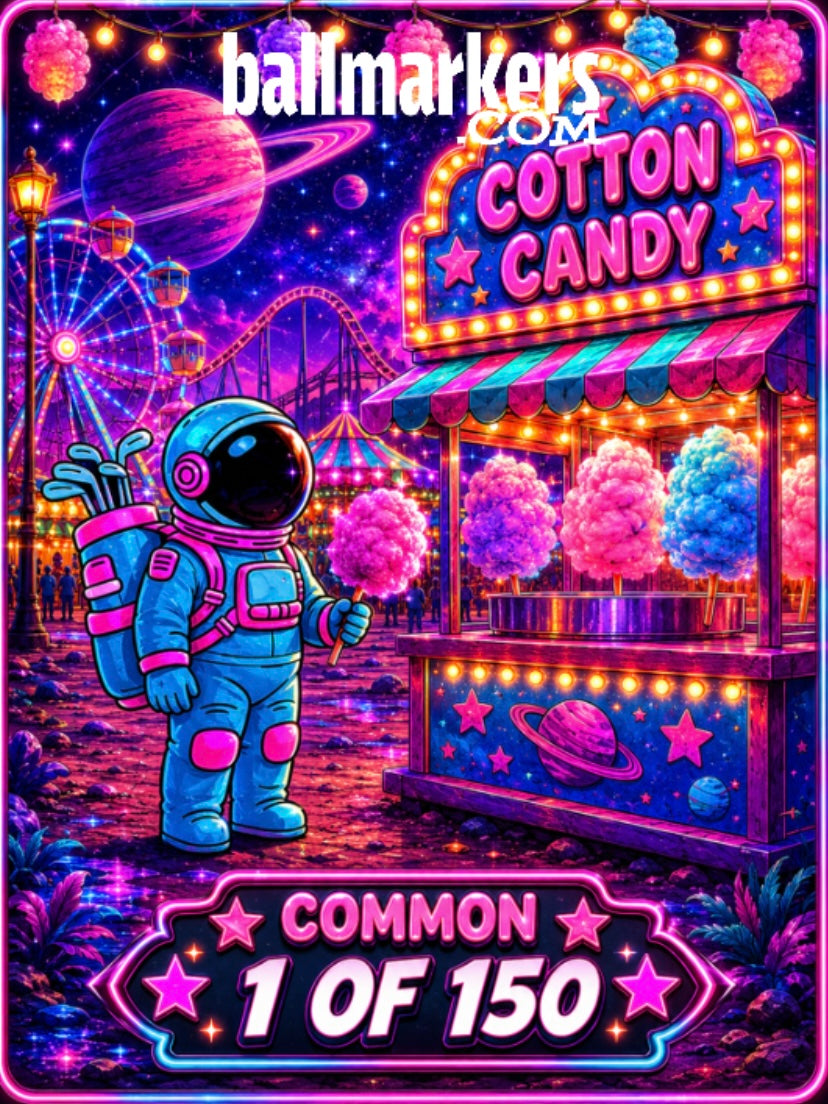 A cartoon astronaut stands at a cotton candy stand in a neon, outer-space-themed carnival with ferris wheel and planets, holding an Astronaut Walker Mystery Blind Bag from Ballmarkers.com. A sign reads, COMMON 1 OF 150—a unique collectible golf ball marker for space and golf enthusiasts alike.