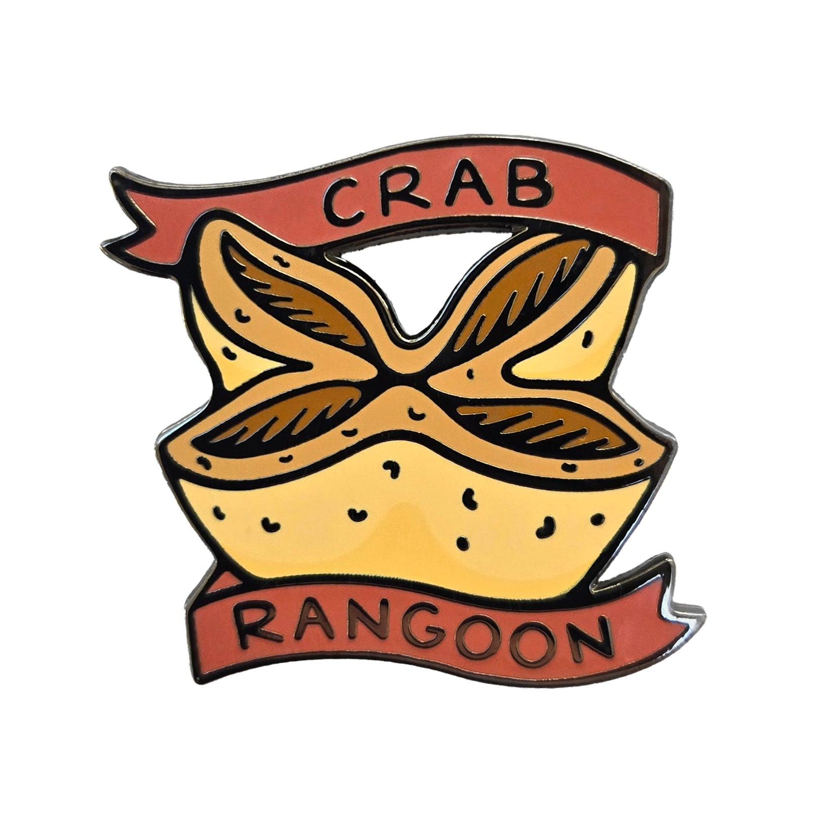 The Kolorspun Crab Rangoon Golf Ball Marker features a cartoon crab rangoon with crispy edges, surrounded by a red "CRAB RANGOON" ribbon—perfect as a fun custom golf gift and magnetic ball marker.