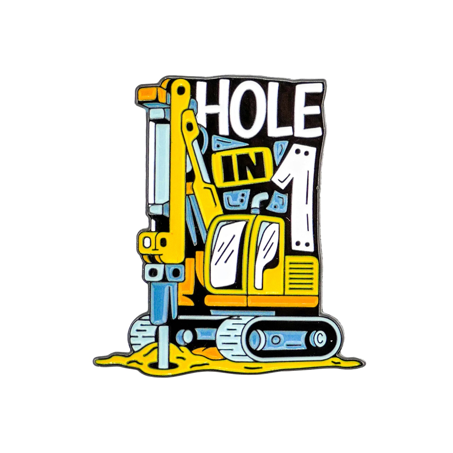 A cartoon-style yellow excavator drills into the ground with "HOLE IN 1" above it. The Ace Maker Ball Marker by Ballmarkers.com is perfect for Wrecking Crew Golf fans who love a playful golf twist. White background with bold black outlines.