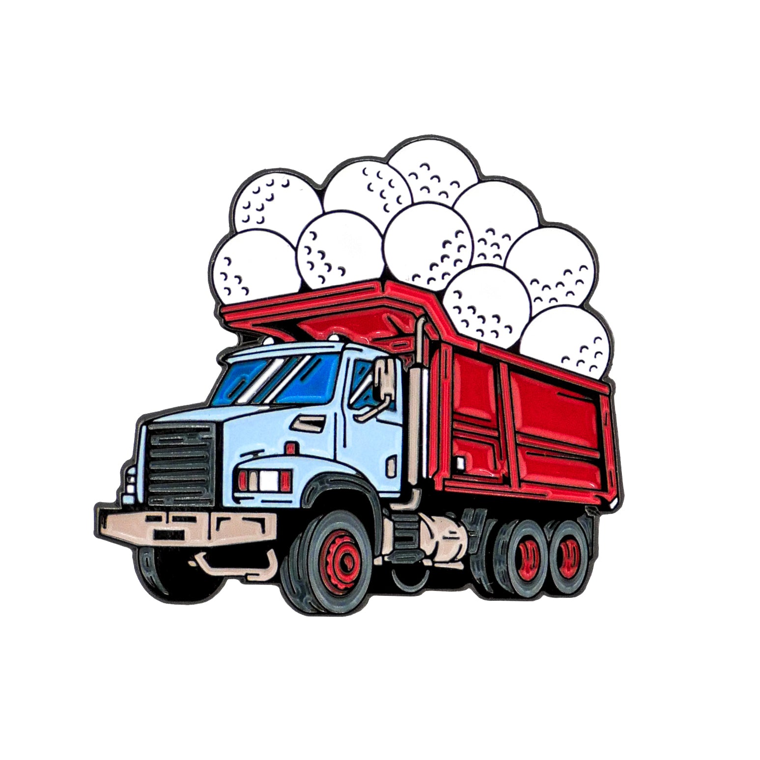 The Ball Hauler Ball Marker by Ballmarkers.com features a cartoon dump truck with a red bed and blue cab, loaded with lost golf balls, illustrated on a white background.