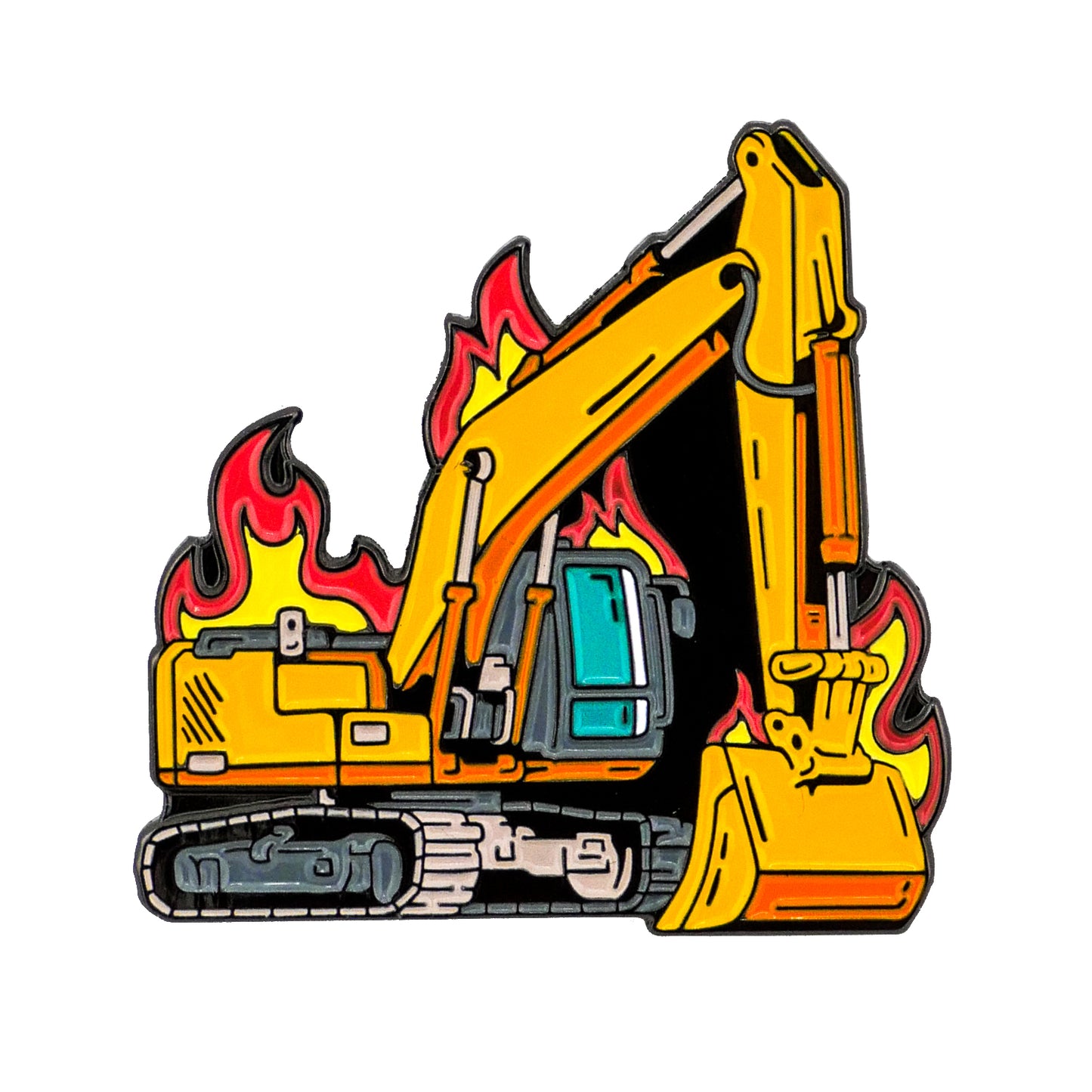 The Burnt Out Digger Ball Marker from Ballmarkers.com features a bright yellow excavator with a blue window, illustrated with red and yellow flames against a white background.