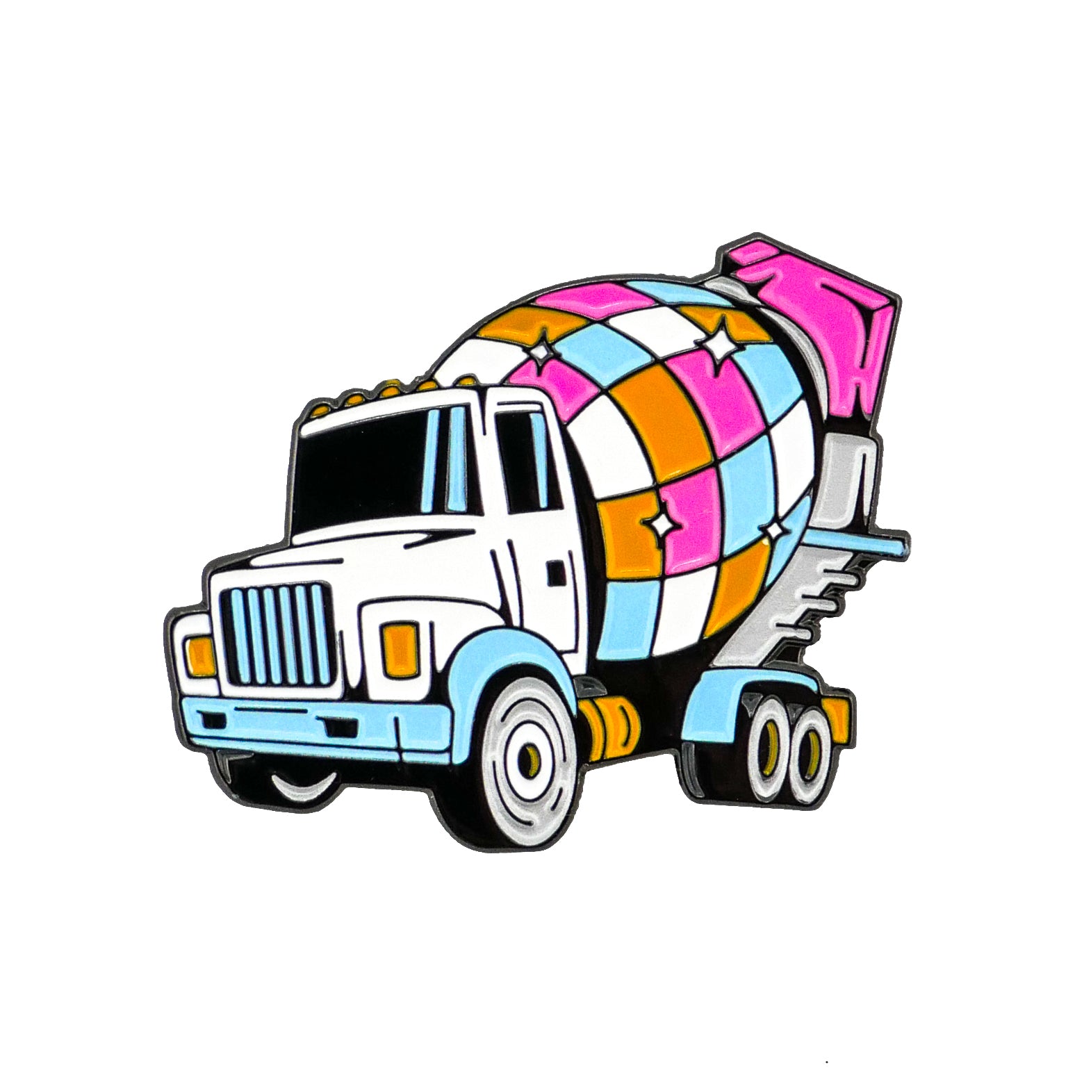 The Disco Mixer Ball Marker from Ballmarkers.com features a cartoon-style cement truck with a vibrant checkered drum in blue, pink, yellow, and orange, perfect for adding fun to your collection.