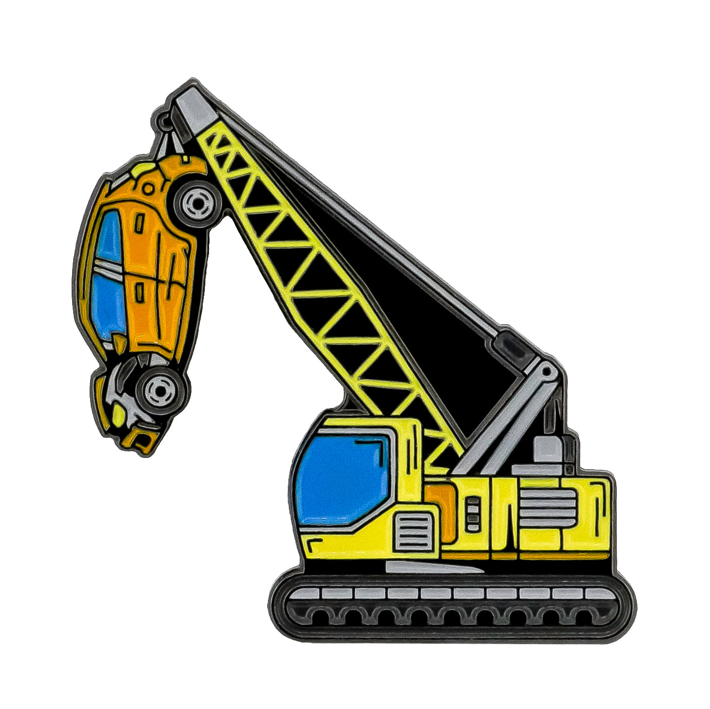 The Heavy Lifter Ball Marker by Ballmarkers.com features a yellow crane with a black boom holding an orange car, blue windows, and black tracks, reminiscent of a Wrecking Crew vehicle—all set against a white background.
