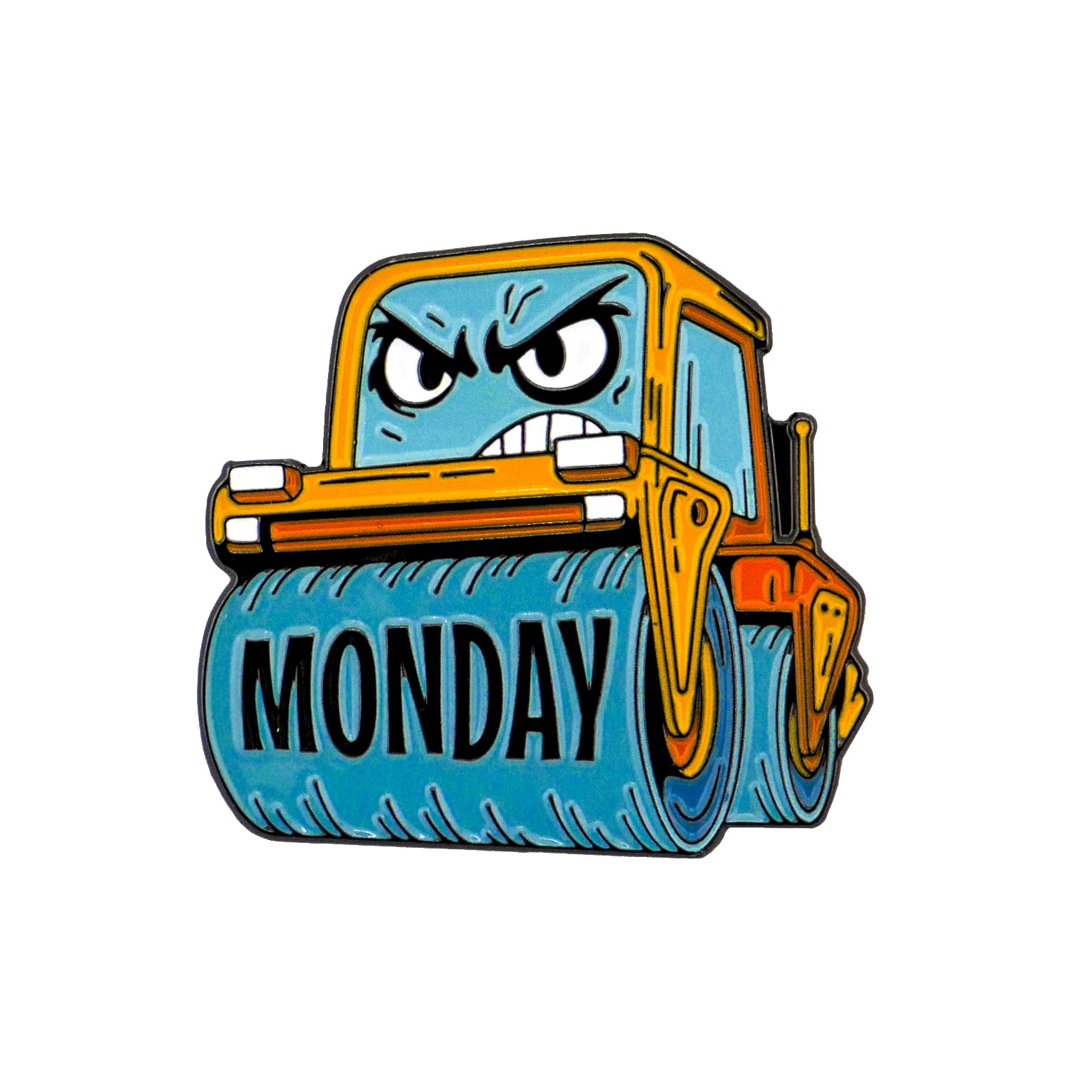 The Monday Steamroller Ball Marker from Ballmarkers.com features an angry cartoon steamroller rolling forward with "MONDAY" on its front drum, ready to crush the course.