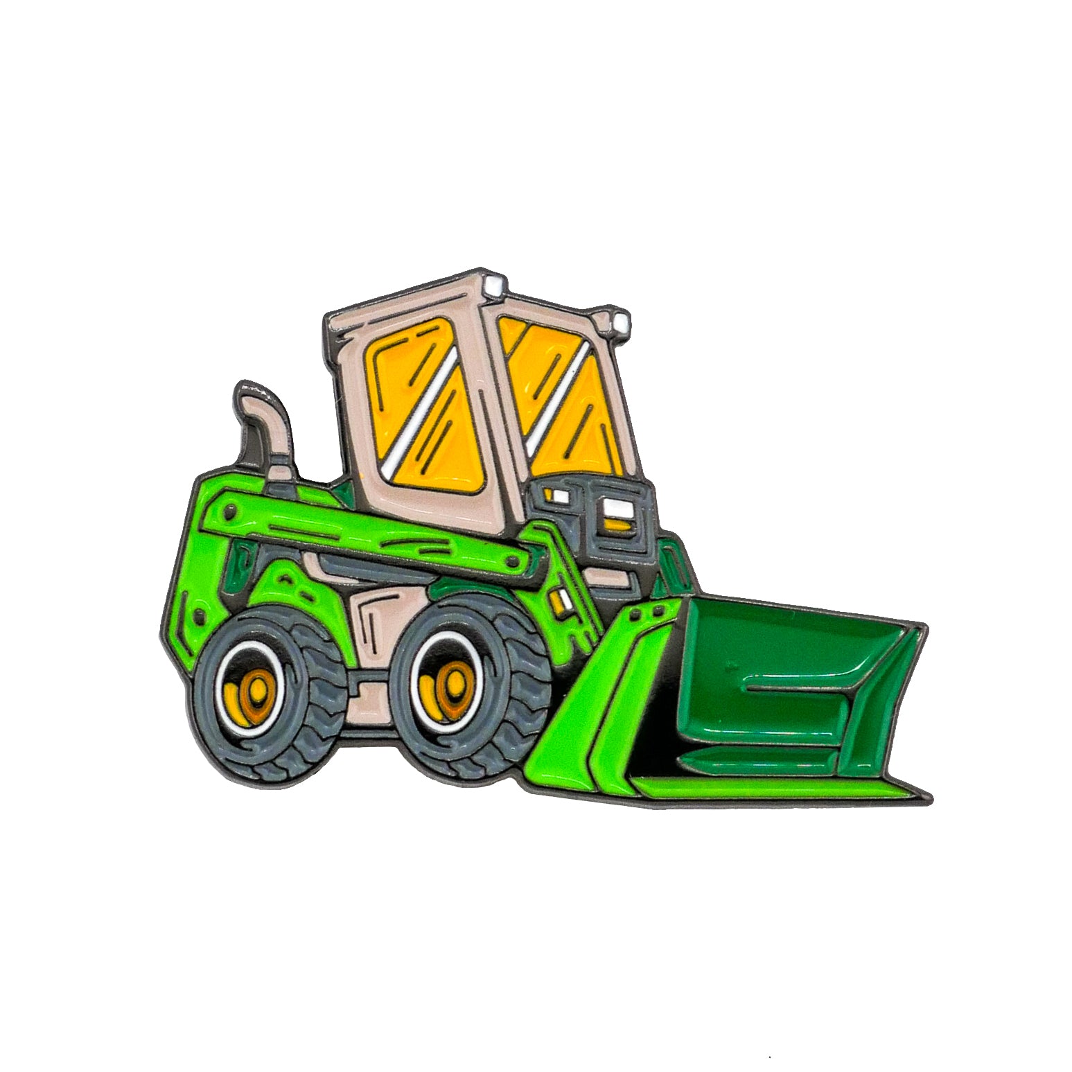 The Un-Loader Ball Marker by Ballmarkers.com features a cartoon-style green and yellow skid steer loader with large black tires and front bucket, commonly seen on golf courses, set against a white background.