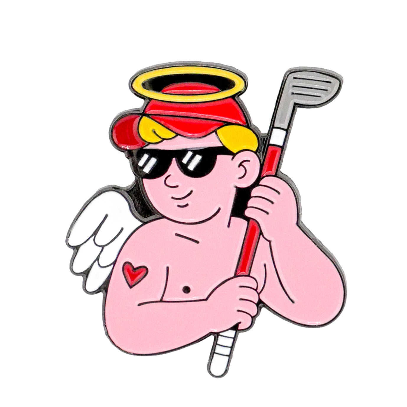 The Cupid of Golf Ball Marker by Ballmarkers.com features a cartoon cupid with a yellow halo, red cap, sunglasses, white wings, and a red heart tattoo holding a golf club—a unique golf gift on a white background.