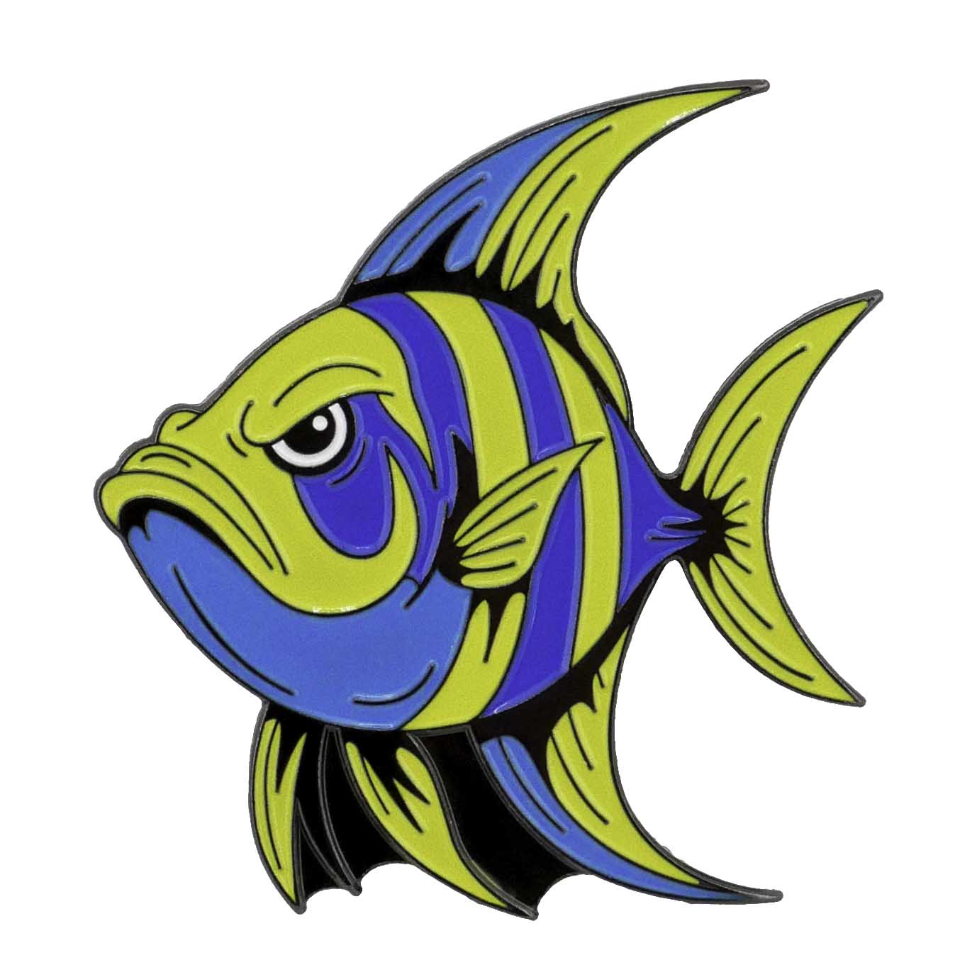 The Angel Fish Ball Marker by Ballmarkers.com features a cartoon-style blue and yellow fish with dark stripes, large fins, and an angry face—part of the Deep Blue Sea Collection.