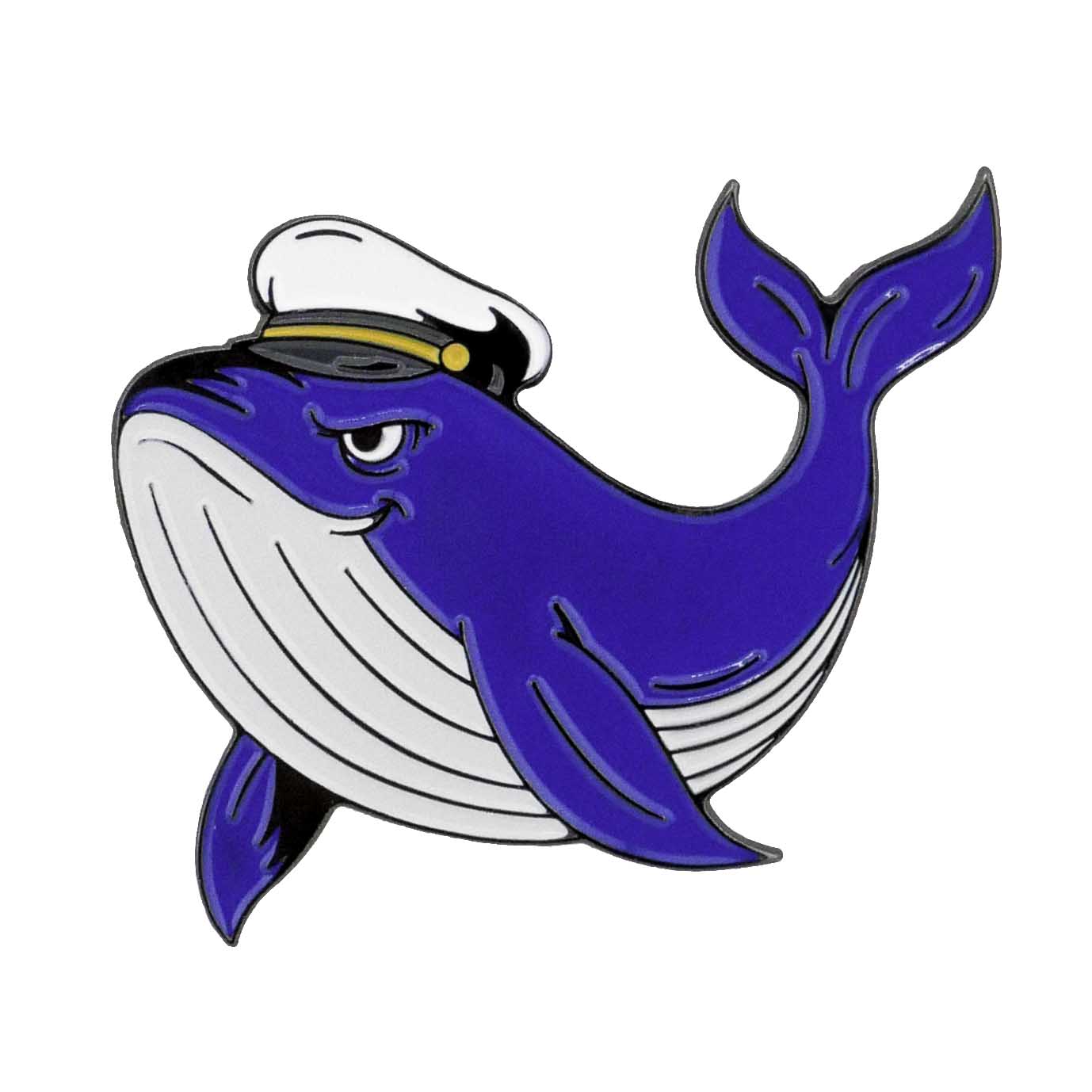 The Blue Whale Ball Marker by Ballmarkers.com features a smiling cartoon blue whale with a white underbelly and a captain's hat with a black and yellow band, set against a plain white background.