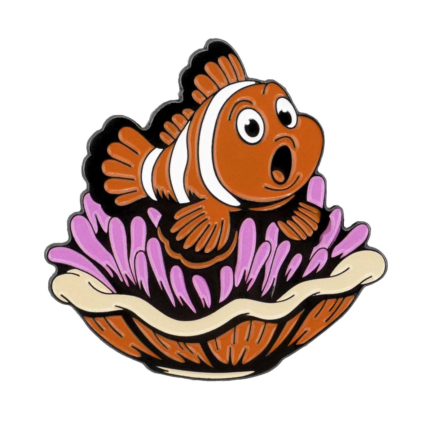 The Clown Fish Ball Marker by Ballmarkers.com features a surprised cartoon clownfish in a pink and purple seashell—an ocean-themed golf accessory from the Deep Blue Sea Collection.