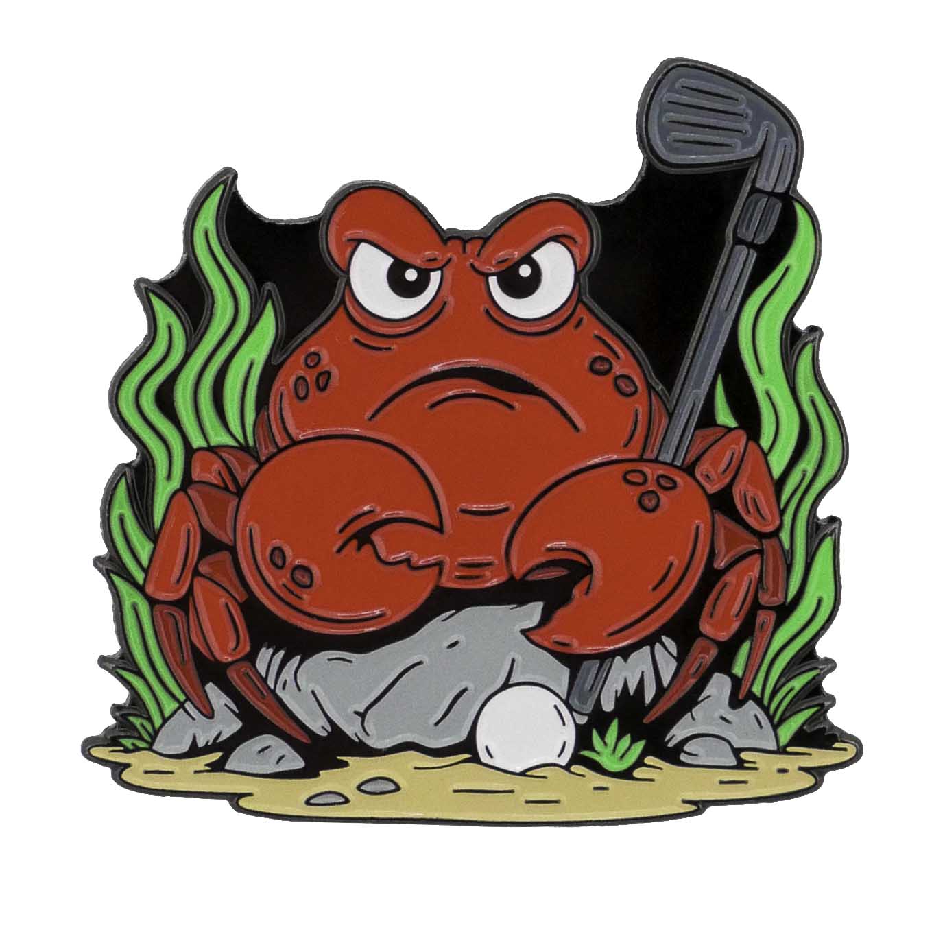 The Crab Trap Ball Marker by Ballmarkers.com features a cartoon red crab with an angry face holding a golf club, sitting on a rock with green seaweed and a golf ball—part of their Deep Blue Sea Collection of unique golf accessories.