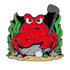 The Crab Trap Ball Marker by Ballmarkers.com features a cartoon red crab with an angry face holding a golf club, sitting on a rock with green seaweed and a golf ball—part of their Deep Blue Sea Collection of unique golf accessories.