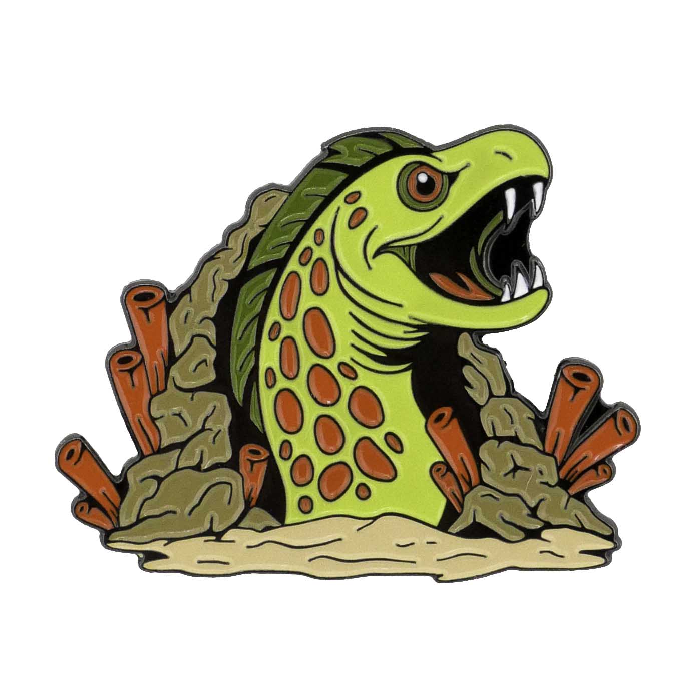 The Electric Eel Ball Marker by Ballmarkers.com features a cartoonish green eel with red spots and sharp teeth, inspired by the Deep Blue Sea Collection, emerging from rocks and red coral on a white background.