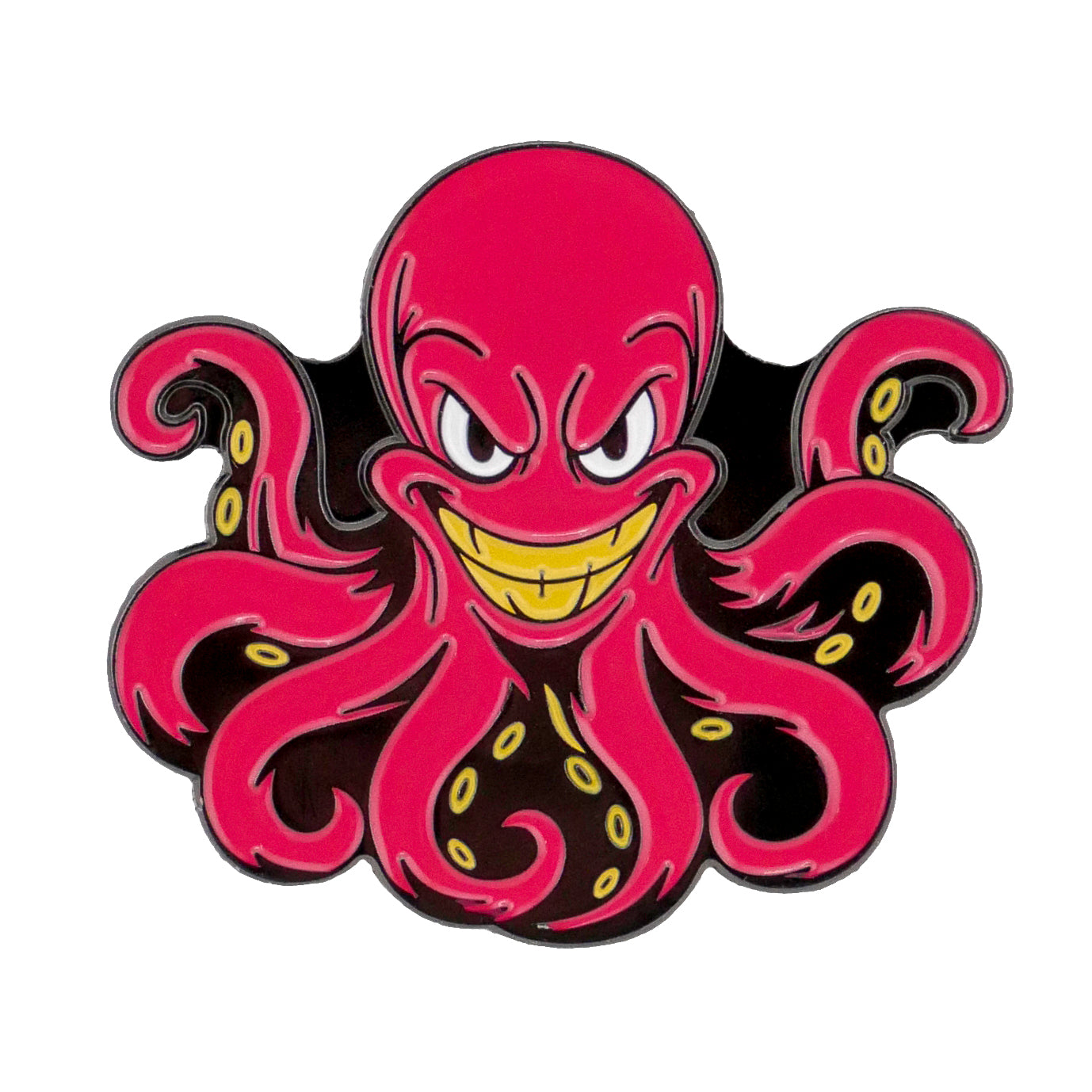 The Octopus Ball Marker by Ballmarkers.com features a cartoon pink octopus with an evil grin and yellow suckers on a black background—part of the Deep Blue Sea Collection and perfect for your golf accessories.