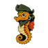 Cartoon seahorse with angry face, green pirate hat, bandana, silver hoop earring, and red fin—Seahorse Ball Marker by Ballmarkers.com. Part of Deep Blue Sea Collection; perfect as a golf or pirate-themed ball marker.