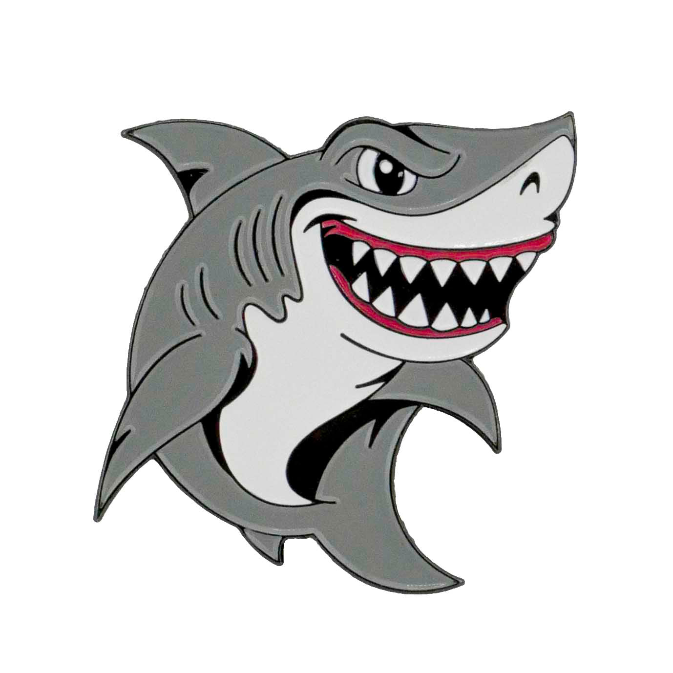 Cartoon gray shark with sharp teeth and black-and-white stripes grins widely on the Shark Ball Marker by Ballmarkers.com—a fun, unique golf accessory set against a plain white background.