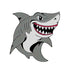 Cartoon gray shark with sharp teeth and black-and-white stripes grins widely on the Shark Ball Marker by Ballmarkers.com—a fun, unique golf accessory set against a plain white background.