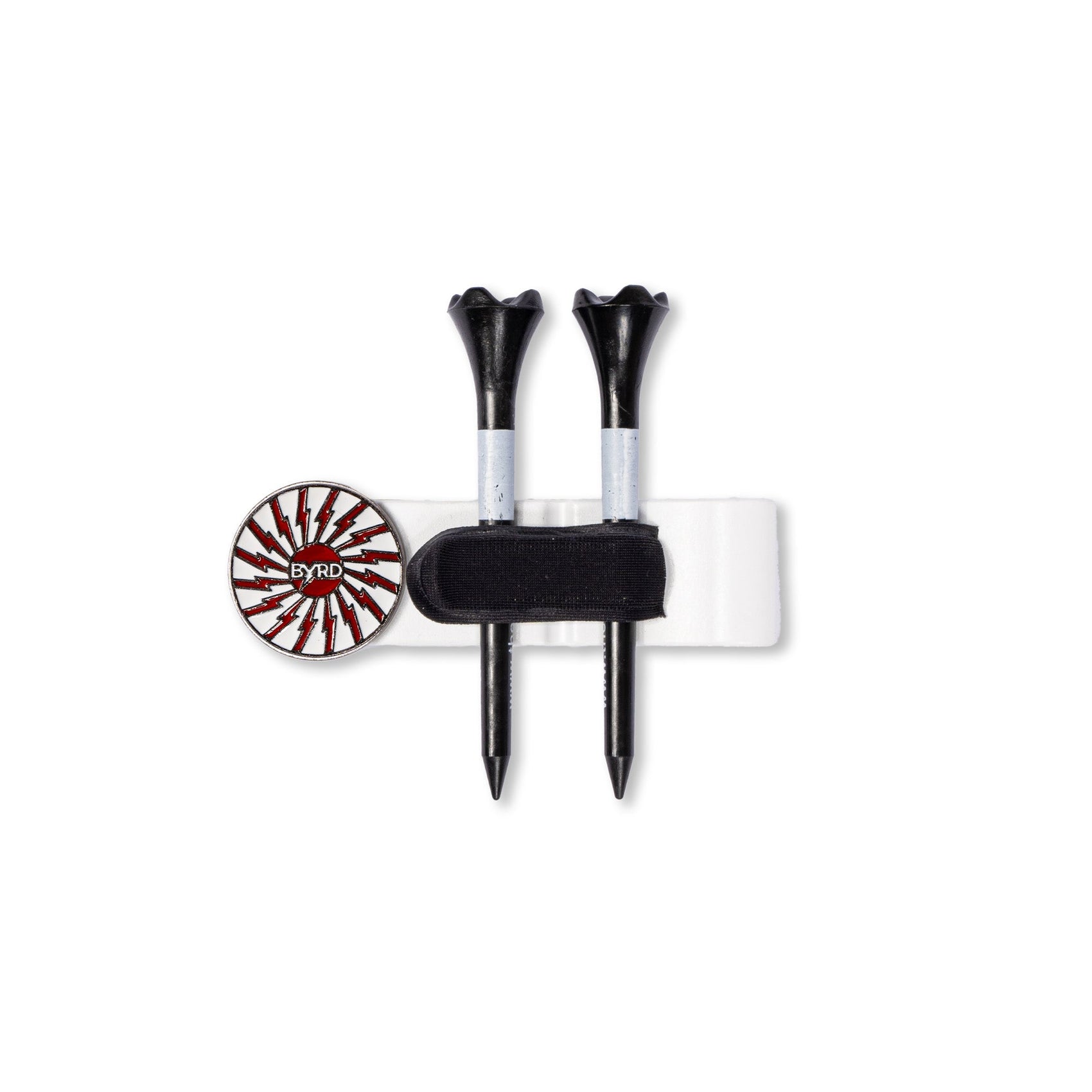 The Byrd, LLC’s THE BYRD GOLF CLYP - White Swan includes a white tee holder, two black tees, and a red-and-white circular ball marker with “BYRD” and a sunburst design.