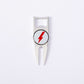 The BYRD DIVOT TOOL - 4 in 1 by The Byrd, LLC is a silver golf divot tool with a red lightning bolt in a white circle on its round center and includes a ball marker holder, shown on a plain white background.