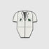A Guerrilla Golf Caddy Bib Ball Marker pin shaped like a white short-sleeve lab coat, featuring green symbols on the chest pockets, reminiscent of a fun novelty marker and set against a plain gray background.