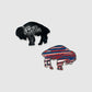 Show off your team spirit on the course with the Guerrilla Golf RWB Buffalo Ball Marker set. This pair of buffalo-shaped pins includes one in classic black featuring "gr8a," and another styled with bold red, white, and blue horizontal stripes—just like a traditional Buffalo ball marker. Both pins are displayed against a clean light gray background.