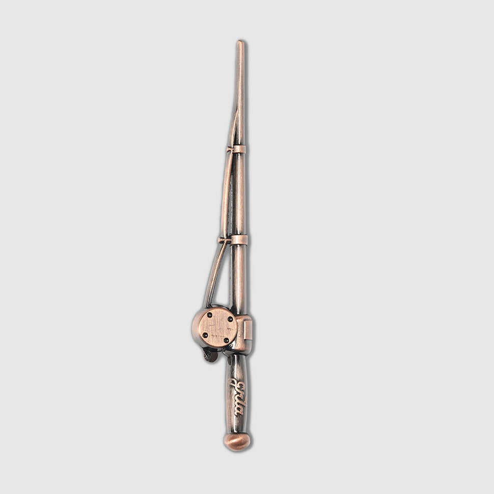 A Guerrilla Golf Fishing Pole Divot Tool, a metallic golf accessory shaped like a fishing pole with a handle, latch, and embossed grip text, stands vertically against a plain light gray background.