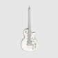 A silver Guerrilla Golf Guitar Divot Tool, shaped like a guitar with realistic details such as strings, knobs, and pickups—resembling a stylish pen—displayed vertically on a plain light gray background.
