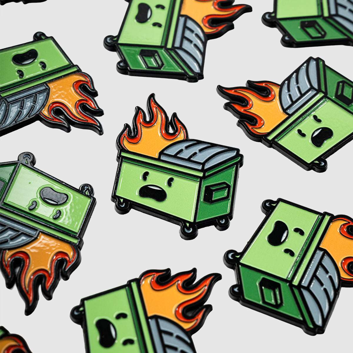 Sure! Here’s a revised version incorporating your product data: The Guerrilla Golf "Dumpster Fire" design features multiple cartoon green dumpsters with expressive faces, each wreathed in vivid orange flames, forming a repeating pattern on a crisp white background. This playful and chaotic motif captures the classic dumpster fire spirit, with vibrant colors rendered in an enamel-like gloss for a polished, eye-catching finish.
